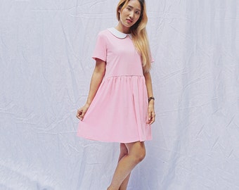 Peter pan collar cotton knit smock dress, babydoll dress, sun dress, Loose style
