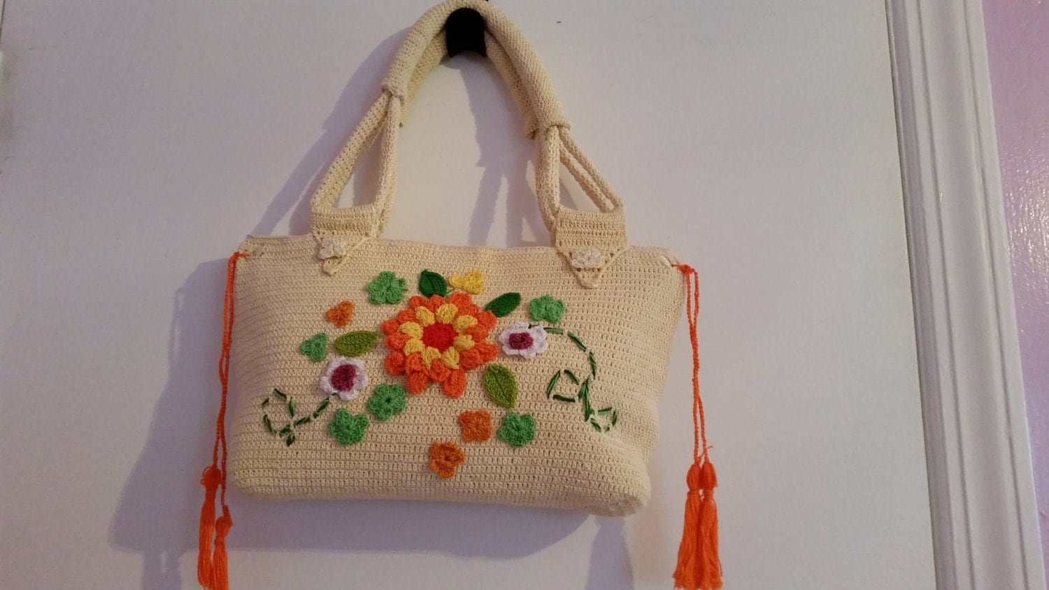 Crochet HandbagOrange and Beige Purse Shoulder Bag.