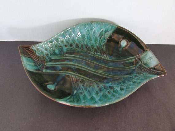 Rare Blue Mountain Pottery Fish Dish/ BMP Blue Drip Glaze Art