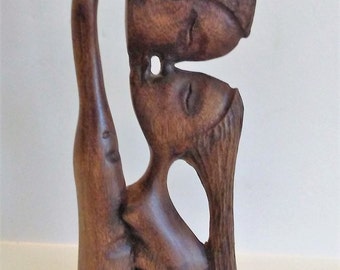 Kissing Vintage Hand Carved Mid Century Wood Carving of Couple Kissing Man and Women Folk Art Signed Theano
