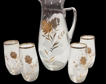Vintage Gold Encrusted Glass Pitcher & 4 Glasses