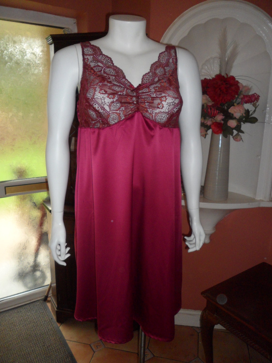 Plus Size Stretch Satin Nightgown/Negligee with French Lace