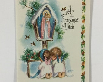 Pink & Blue Wing Cherub Angels Vintage 1950s Marjorie Cooper Christmas Greeting Card