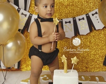 Baby boy first birthday outfit, black and gold birthday outfit, black bow tie and suspenders, black diaper cover set, boy cake smash outfit