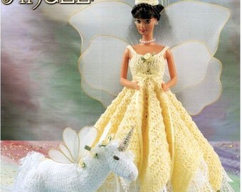 Crochet Fantasy Angel fashion doll dress pattern, fits Barbie dolls. Includes crocheted unicorn pattern! Annie's Attic 870717.