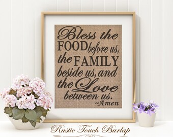 Bless the food before us, Burlap Kitchen Decor, Rustic Kitchen Decor, Cabin Kitchen decor, Country kitchen decor, Gift for mom. Burlap decor