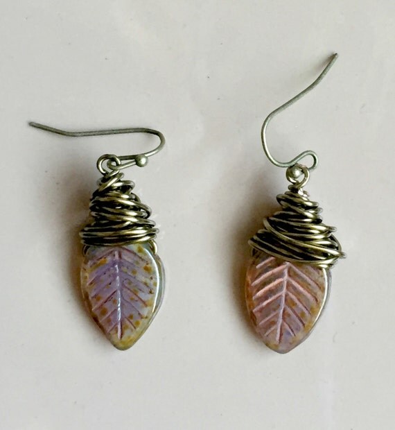 Wire Wrapped Leaf Earrings Czech Glass by WishingFlowerJewelry