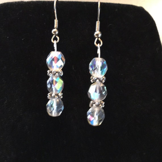 Clear Aurora Borealis Crystal Pierced Earrings Silver Tone