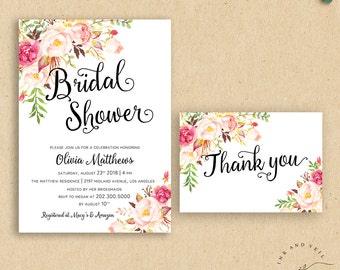 Romantic Boho Wedding Shower Invitation, Floral Bridal Shower Invite, Modern Calligraphy, Tribal Rustic Custom Flower Invite - Olivia