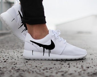 Nike Roshe White with Custom Black Candy Drip Swoosh Paint