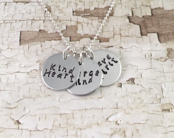 Silver Disc necklace, trendy necklace, simple words necklace, Fierce Mind, Brave Spirit, Kind Heart, hand stamped necklace