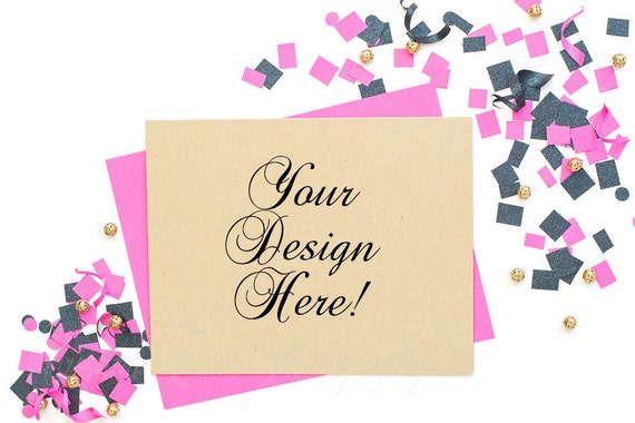 Download Styled Stock confetti mockup Hot pink A2 envelope Kraft