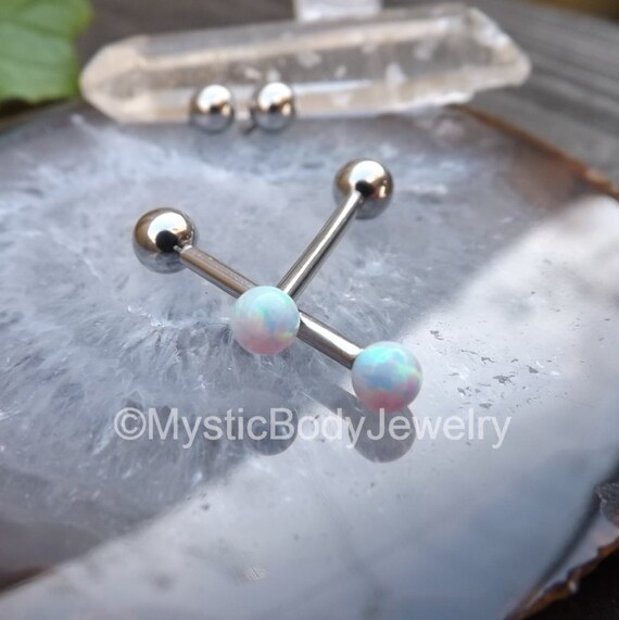 White Opal Cheek Nipple 14g Piercing Barbell Ring Dimple