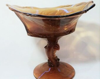 Imperial Slag Glass Compote Caramel & White Dolphin Stem, Beautiful Mid Century Pedestal Candy Bowl