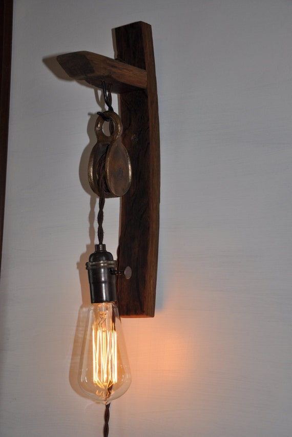 Wine Barrel Stave Pulley Sconce Light Fixture