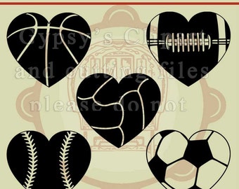 Heart SVG, Football Heart svg, Baseball Heart svg, Soccer Heart svg,Volleyball Heart svg, Basketball Heart svg, Cameo Silhouette