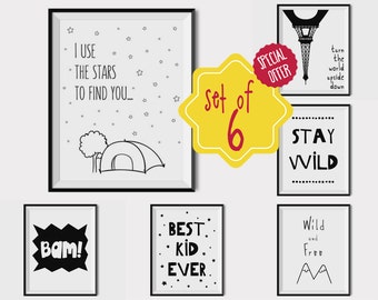 Set of 6 prints, Nursery wall art, black and white nursery decor, Boy nursery wall decor, kids art prints, stay wild, newborn baby gift
