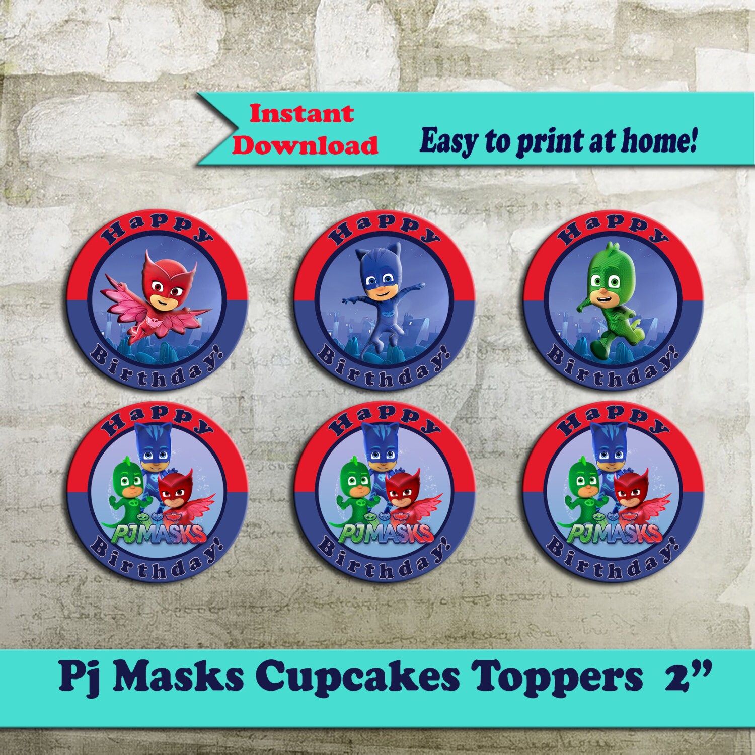 Pj Masks Cupcakes Toppers 2 inch circles by OctopusDigitalStore
