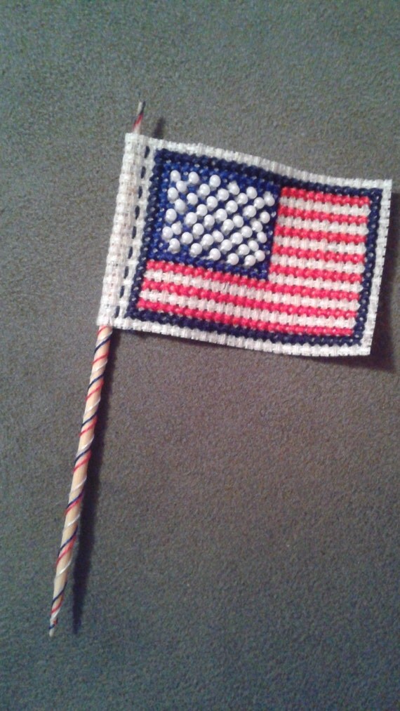 USA HandStitched American Flag Beaded Cross Stitch