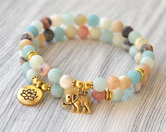 Set 2 Mala Bracelet Yoga Jewelry Mala Beads Gemstone Bracelet Stacking bracelets Gift|for her 6 mm Amazonite Beaded Bracelet Yoga bracelet