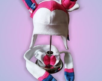 Pokémon Sylveon Fleece Beanie Hat Scarf Cosplay Handmade Kids Teens Adults