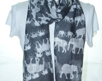Grey elephant Scarf shawl, Beach Wrap, Cowl Scarf, grey elephant print scarf, cotton scarf, gifts for her