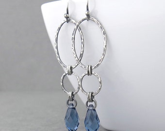 Long Dangle Earrings Silver Drop Earrings Blue Crystal Earrings Geometric Jewelry September Birthstone Jewelry Gift for Her - Adorned Aubrey