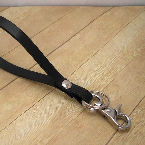 Black Leather Key Ring Wrist Strap with Clip Wristlet