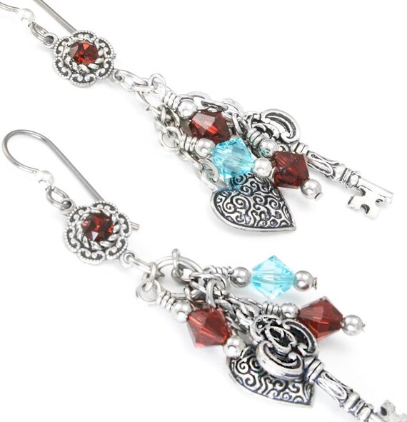 Heart Silver Charm Earrings with Crystals Heart Earrings