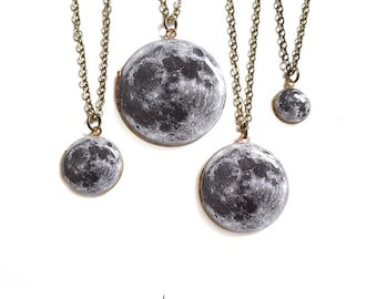 Moon Locket Necklace - Brass Moon Locket on Antiqued Brass Chain in 4 Sizes - You choose the size! Large Medium Small Tiny, Earth's Moon