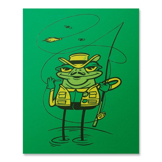 Frog Art Print / Fishing Print / Fly Fishing Print / Cute Frog