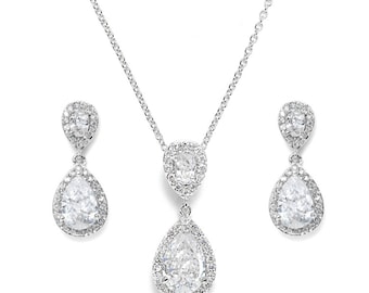 Bridal jewellery set wedding crystal teardrop silver jewellery set pendant necklace drop earrings vintage style bridal necklace