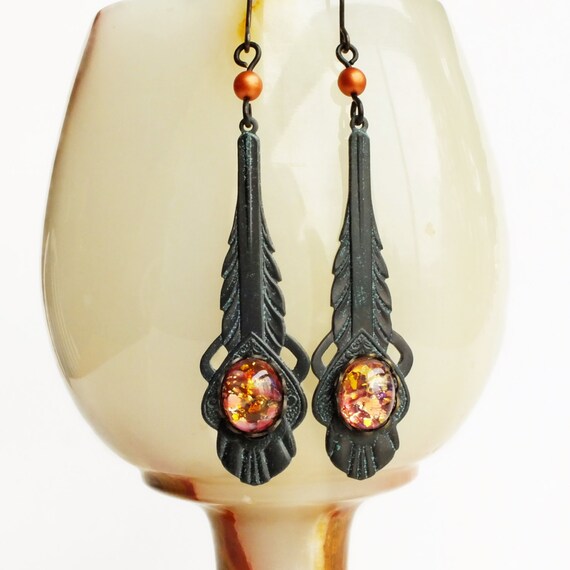 Art Deco Earrings Black Brass Dangle Earrings Vintage Fire