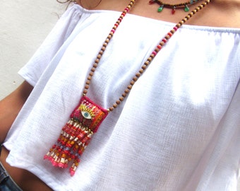 Beaded tassel necklace, bohemian sandalwood necklace, long tribal evil eye necklace, Hmong textile boho necklace, ethnic necklace, OOAK