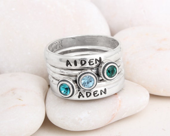 Custom Mother's Ring Two Name Rings and 3 stackable