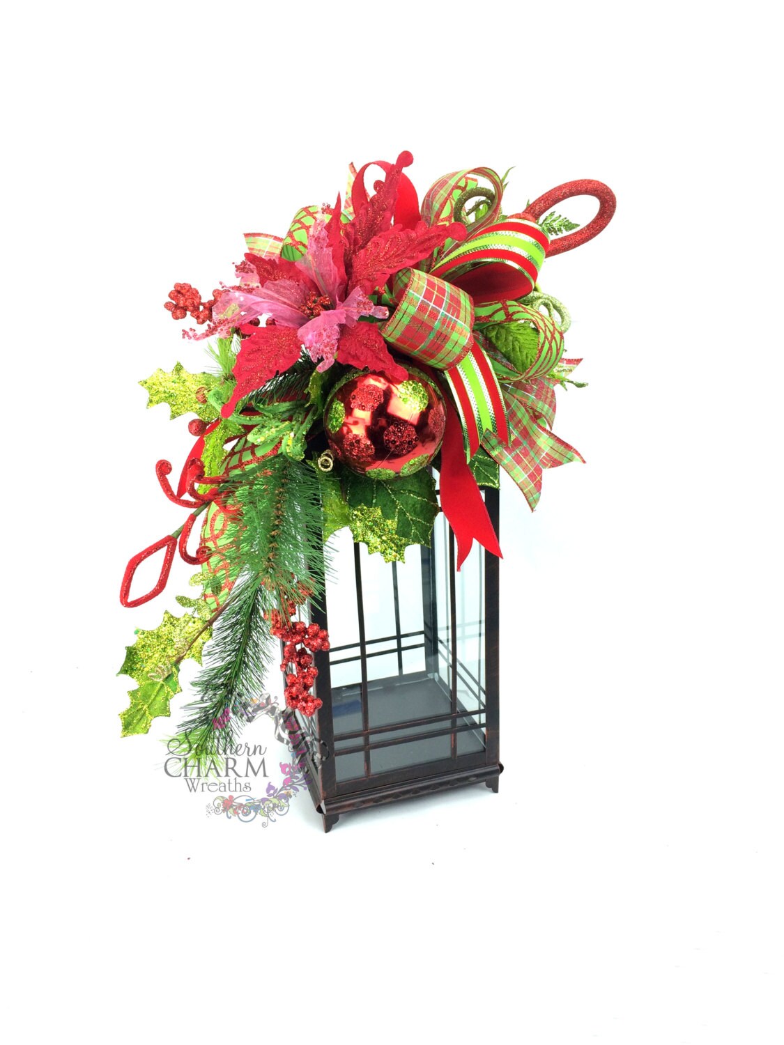 Christmas Lantern Swag in Lime Green Red w Poinsettia