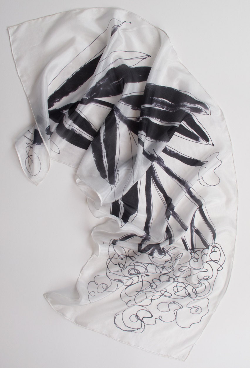 Classy black and white silk scarf/ Floral scarf/ Handpainted