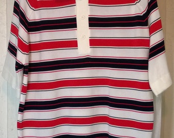 Vintage 60s 70s Golf Ban Lon Shirt by Richard Owens, Striped Banded Waist and Arms