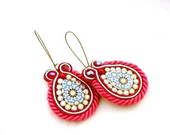 soutache red fushia dangle earrings , colorful beaded jewelry , birthday gift , unique boho gypsy jewels , daughter anniversary present