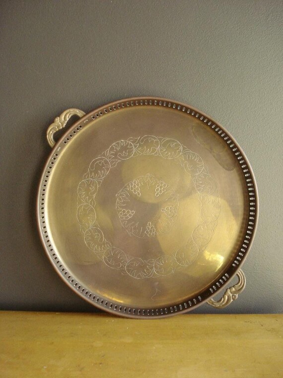 Round Brass Serving Tray III Ornate Handles Vintage Plant