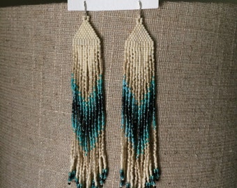 turquoise pattern seed bead fringe earrings