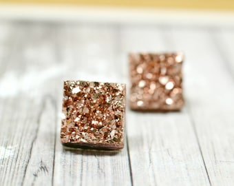 Rose Gold Druzy Earrings, Sparkly Galaxy Faux Crystal Earrings, Bronze Square Drusy Studs Geometric Square Posts