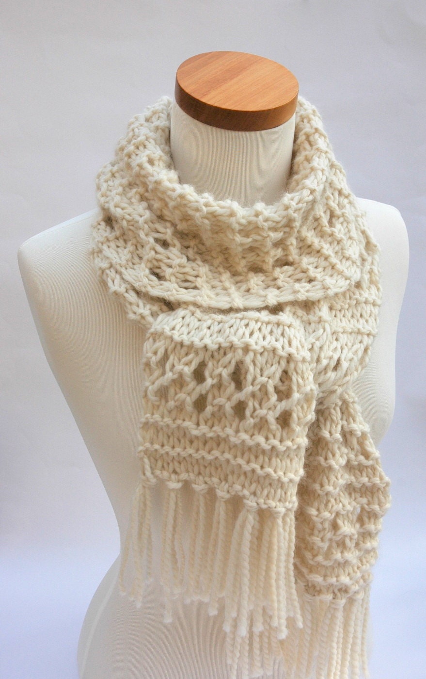 Alpaca Scarf Hand Knit/ White/ Cream