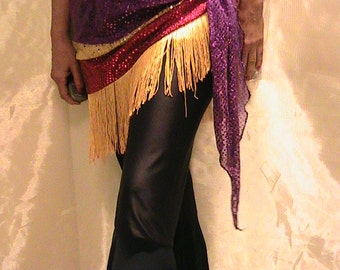 Belly dance hip scarf, hip skirt, hip belt in puple, gold and pink shimmer dot with gold fringe SM-MED