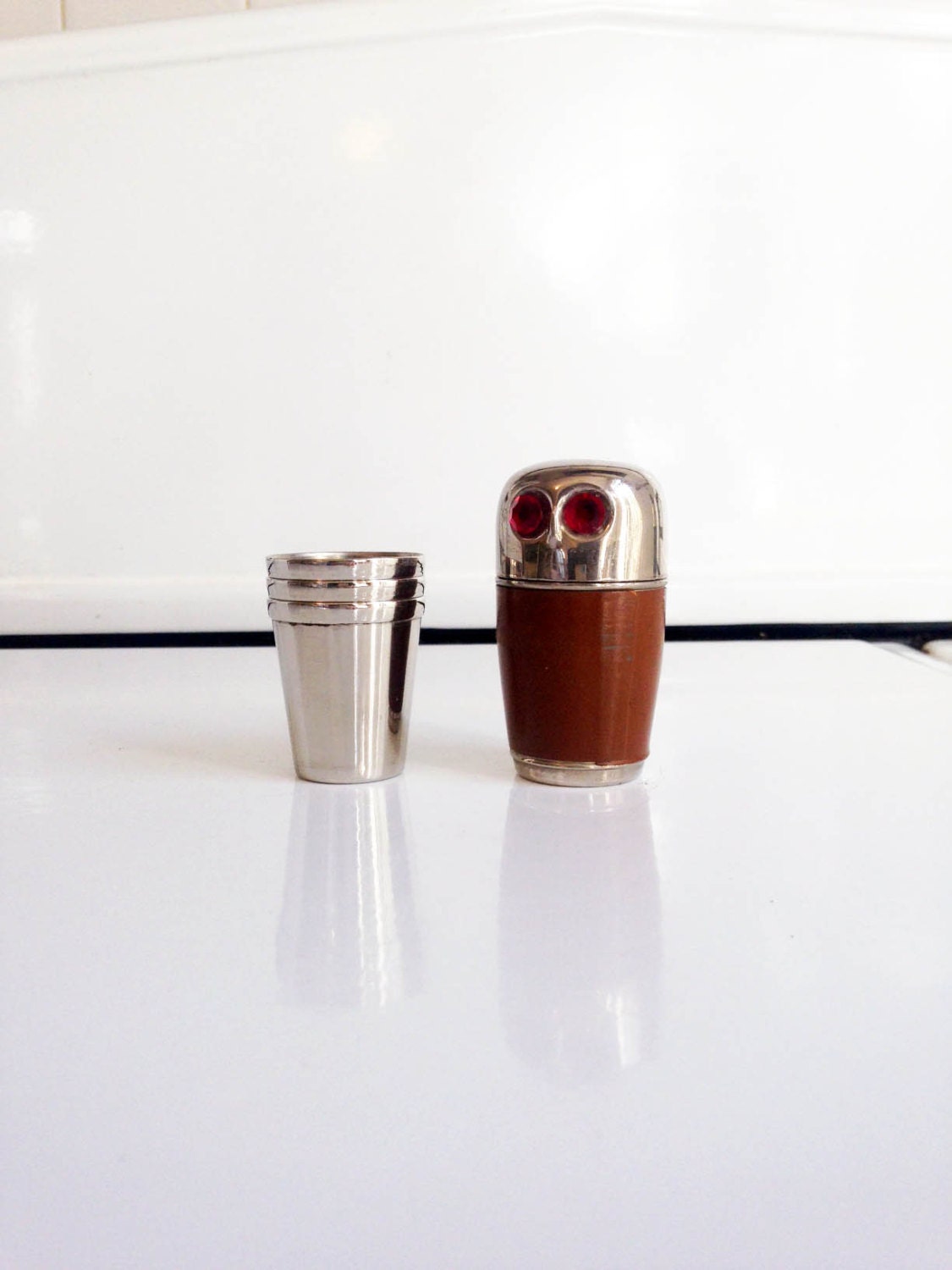 Antique German Metal Shot Glass Set in Owl Case