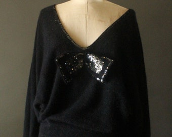 Vintage 80's Black Sequin Bow Dolman Sleeve Angora Pullover Sweater by Sylvia G Made in Italy for Robinsons