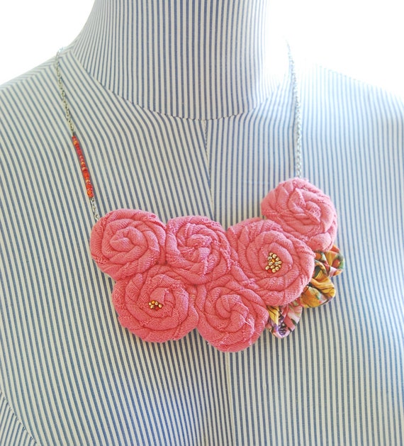 Rosette Beaded Flower Necklace Pink and Gold by MarangStudios