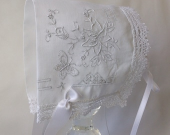 Handkerchief Baby Bonnet, Hanky Bonnet, Handmade, Lace Heirloom Baby Bonnet, Christening, 6 - 18 months, Butterfly, White, Ready to Ship