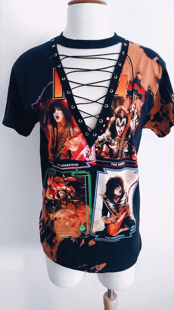 Distressed Bleached Lace Up Rock Band Top T Shirt by CustomStudded