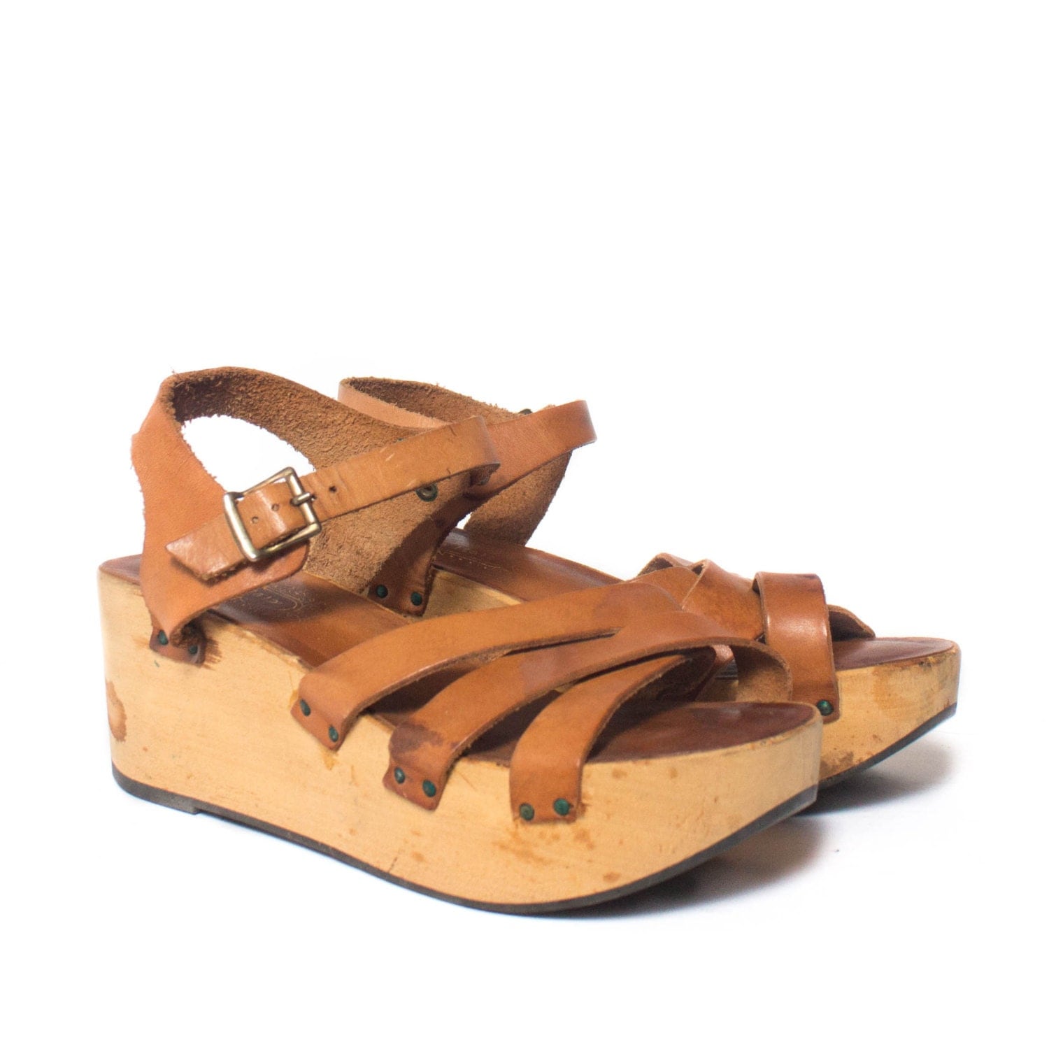 7.5-8 Vintage 1970's Wedge Heel Platform Wood Sandals w/